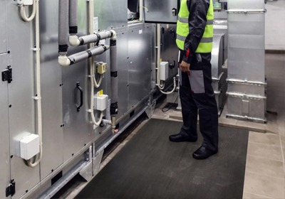 Electrical safety matting installed in front of industrial switchboards in a UK workplace