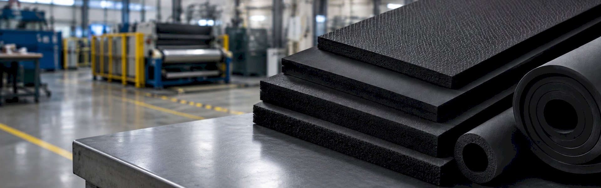Industrial rubber foam insulation sheets and rolls in factory