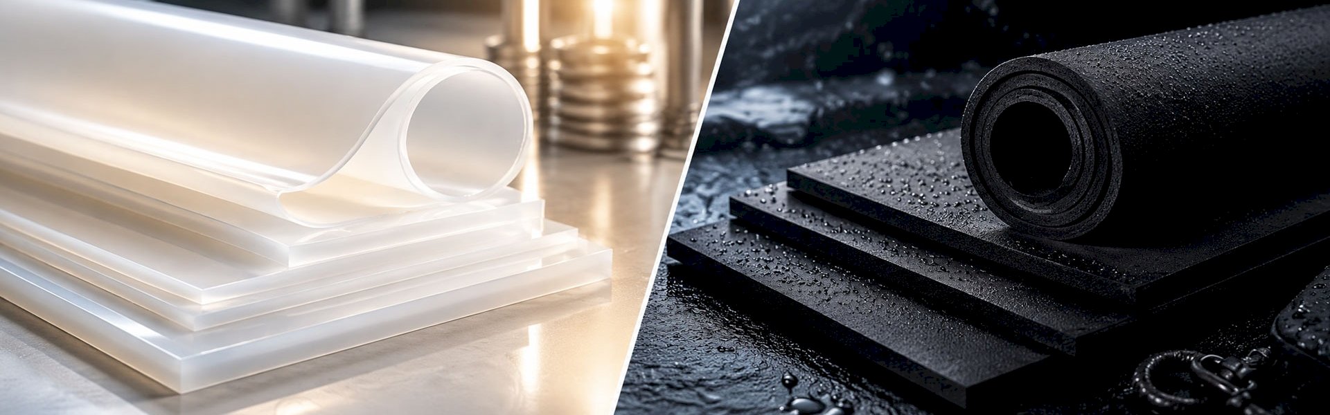 Clear silicone sheets next to black waterproof rubber mats.